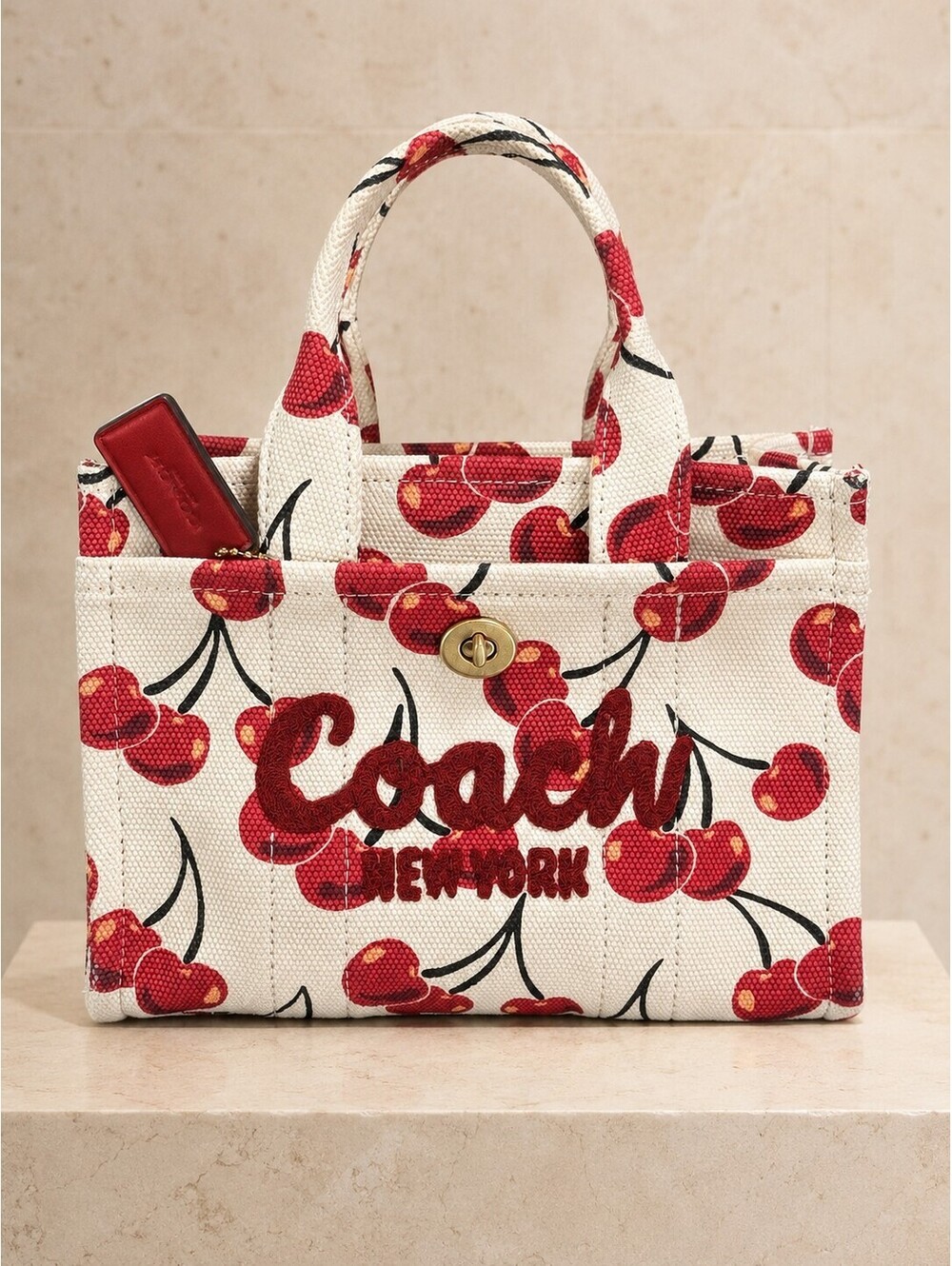 Coach Small Tote Bag Cherry Print Canvas Handbag